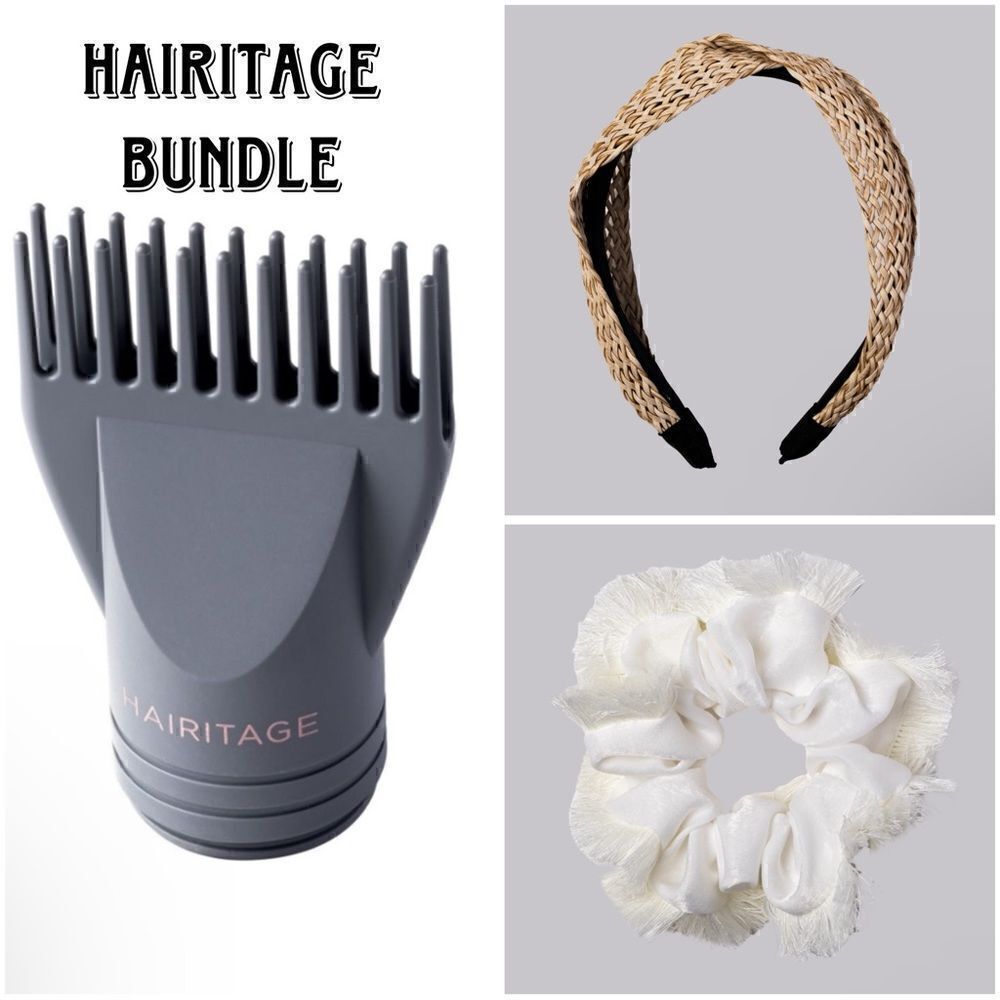 Hairitage Stretch It Out Hair Comb/Tan Raffia Headband & White Scrunchie. NWT